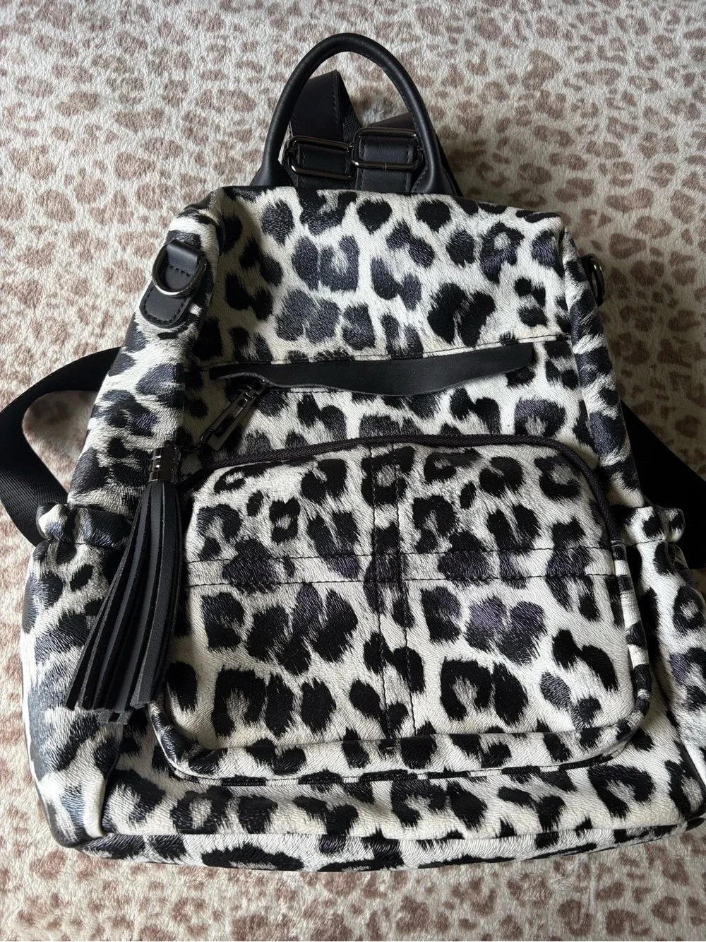 Black & White Leopard Print Leather Backpack